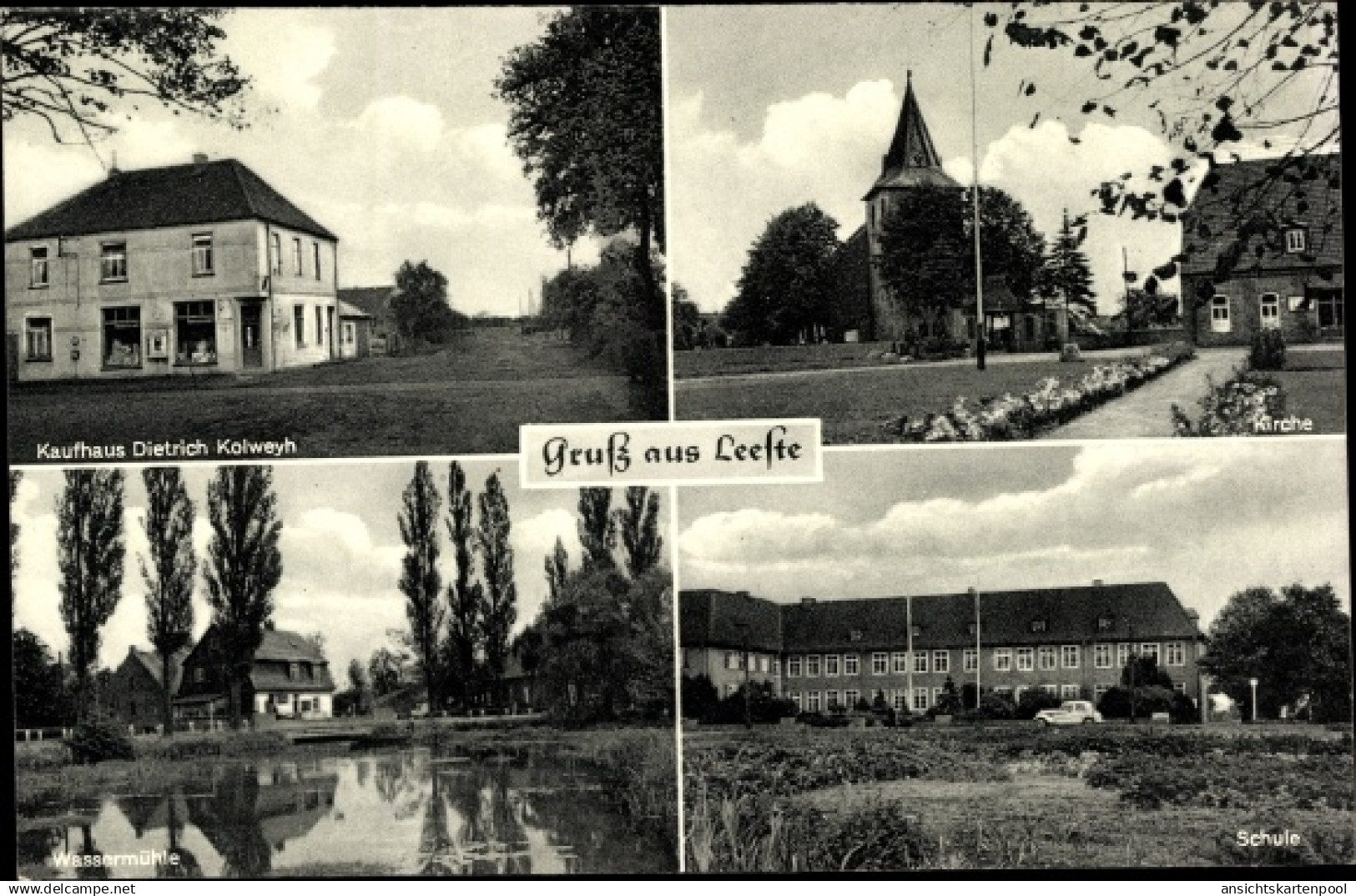 CPA Leeste Weyhe Niedersachsen, Kirche, Wassermühle, Schule, Kaufhaus