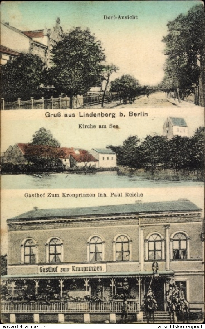 CPA Lindenberg Ahrensfelde bei Berlin, Gasthof zum Kronprinzen, Kirche am See