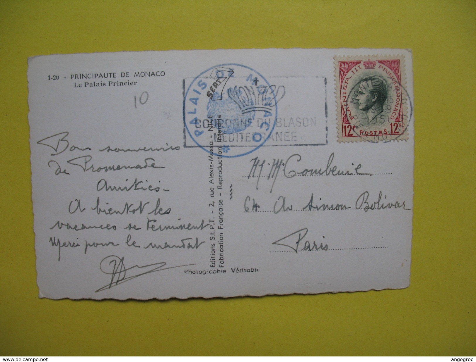 CPA,  Palais Princier, 19/9/1956  Cachet Palais de Monaco, couronne du Blason Méditéranée