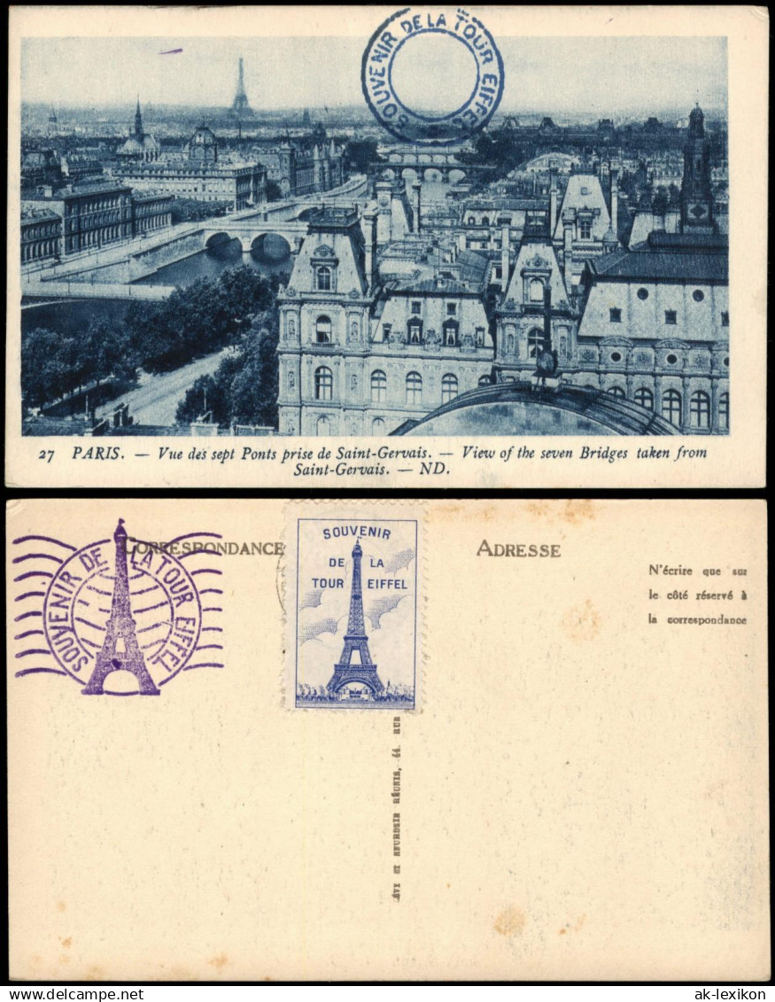 CPA Paris Tour Eiffel Stadt 1928  Vignette und Stempel Eiffelturm