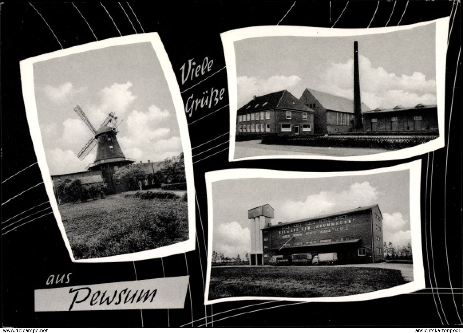 CPA Pewsum Krummhörn in Ostfriesland, Windmühle, Speicher, Fabrik