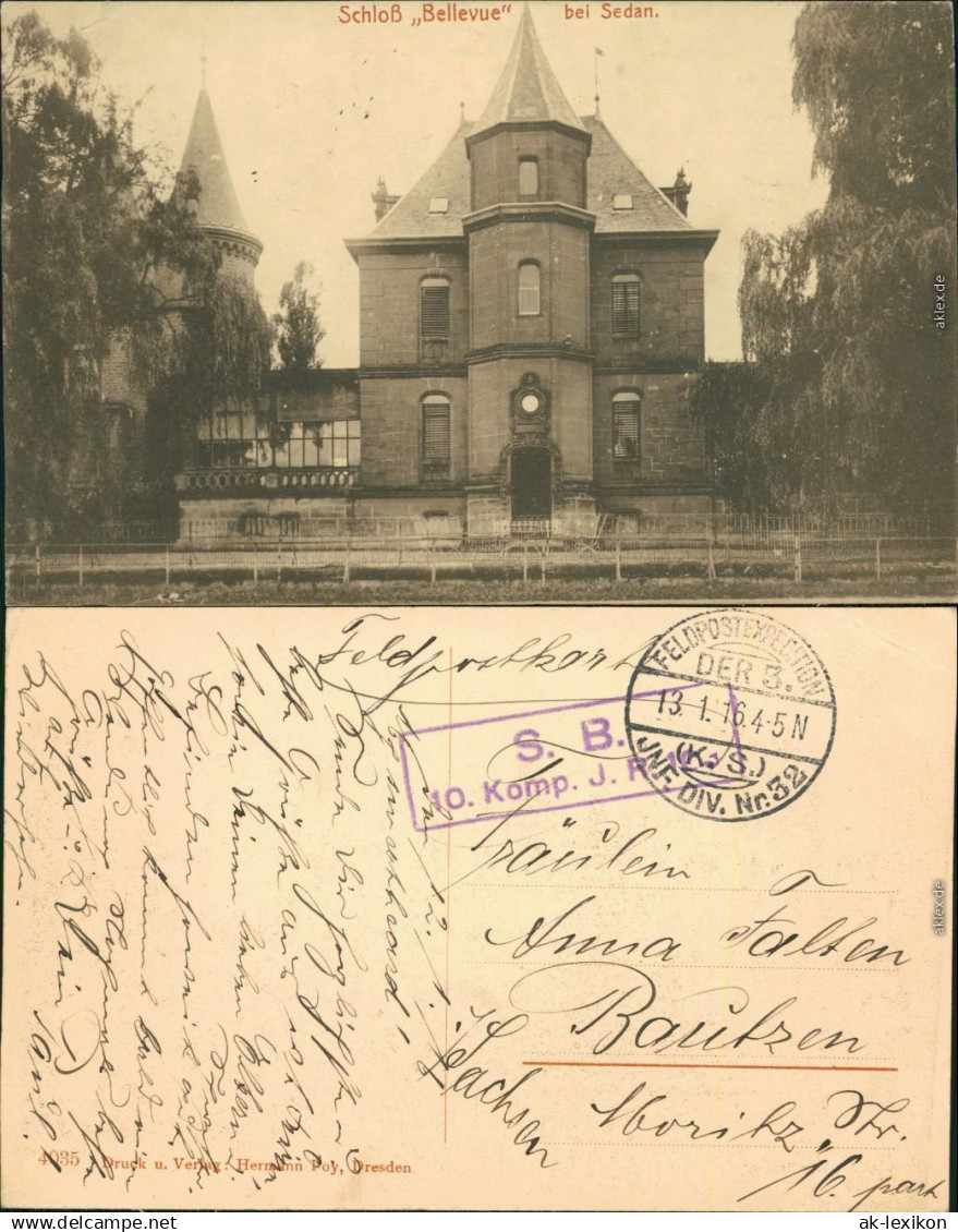 CPA Sedan Sedan Ansichten Erster Weltkrieg - Schloss "Bellevue" 1916