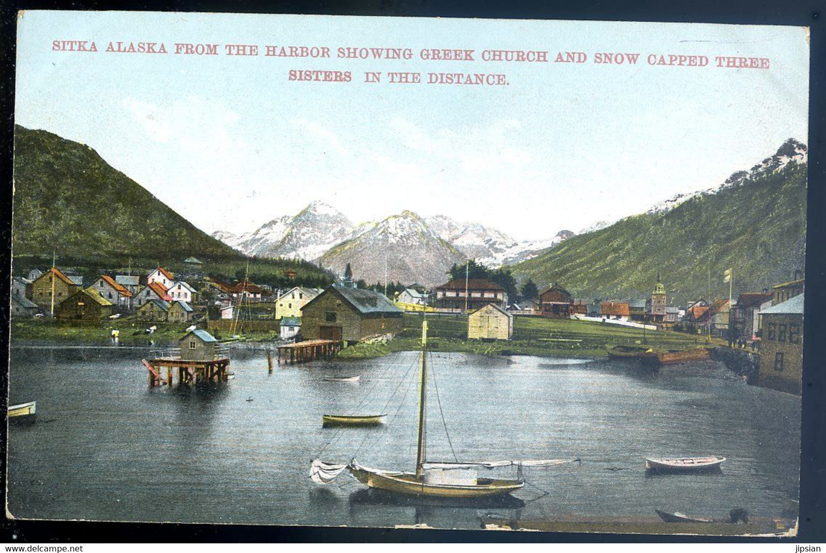 cpa USA  Sitka Alaska from the harbor showing Greek Church and Snow Capped Three Sisters in the distance   JA22-67