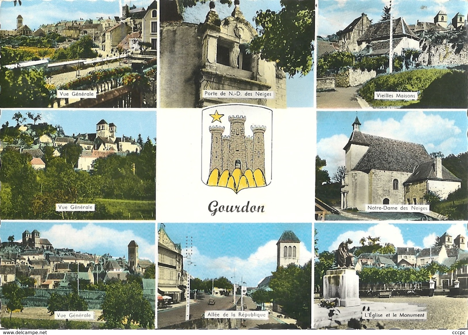 CPSM Gourdon vues multiples blason