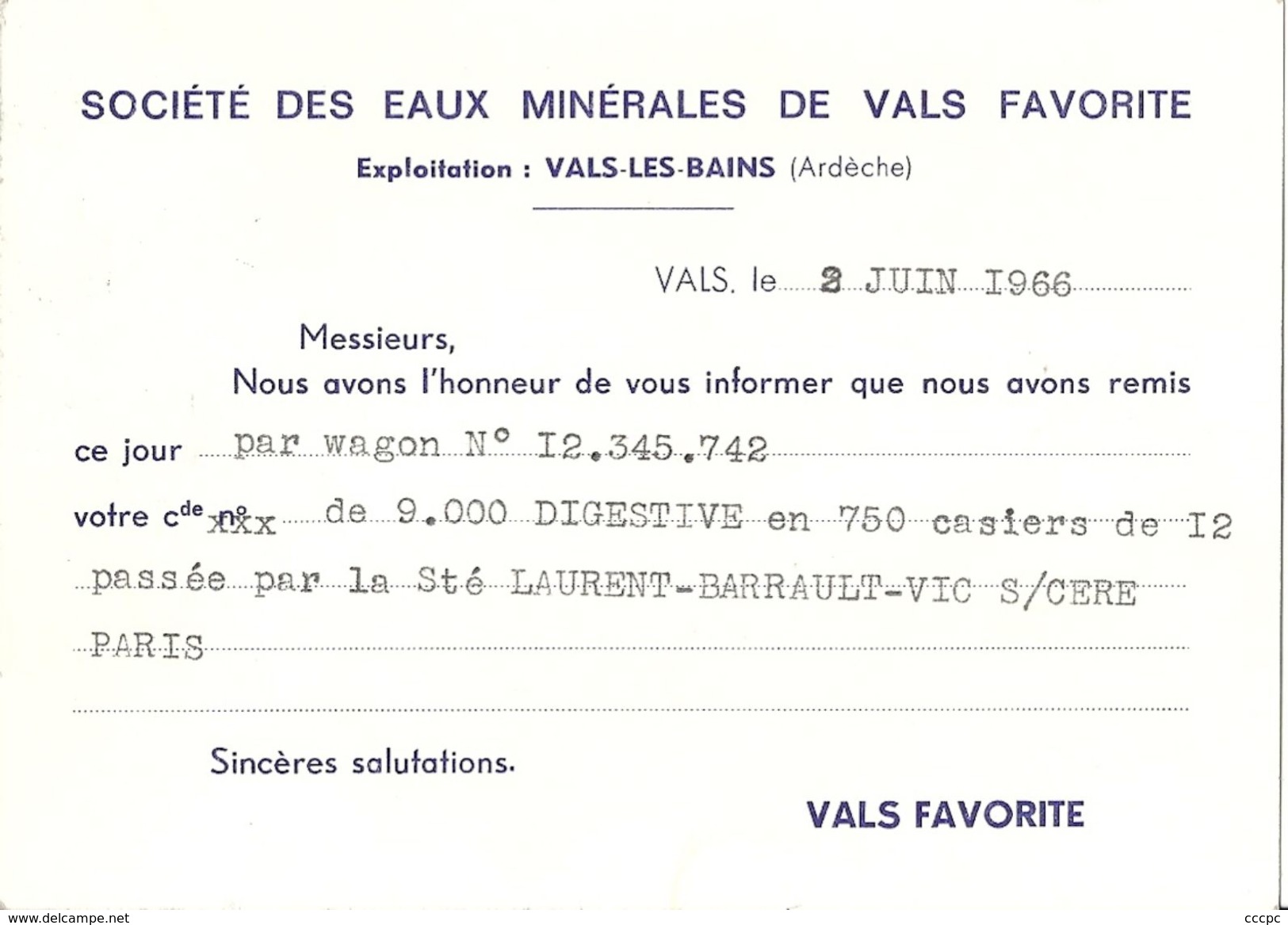 CPSM Vals les Bains Carte message de la Société des Eaux Minérales de Vals Favorite