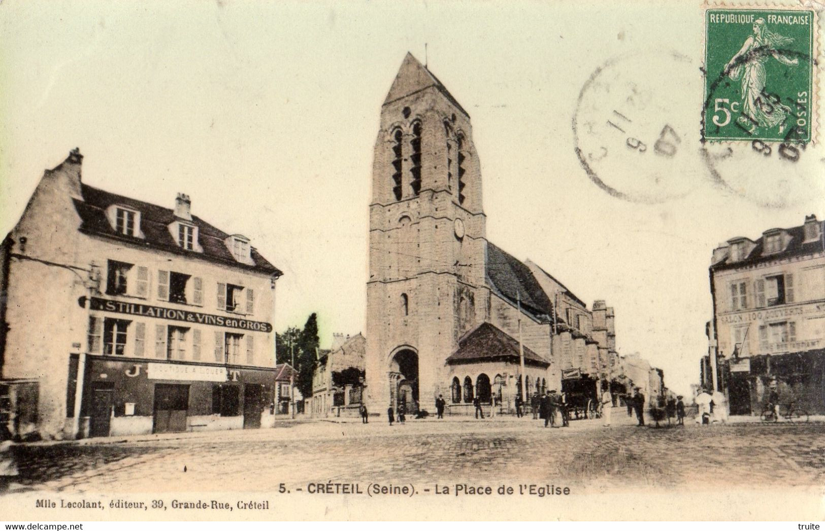 CRETEIL LA PLACE DE L'EGLISE ( CARTE GLACEE ET COLORISEE )