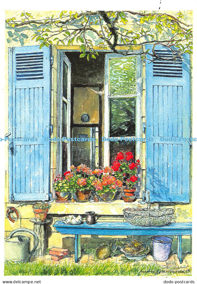 D024895 Blue Shutters. Ink and Watercolour. Audrey V. R. Hammond