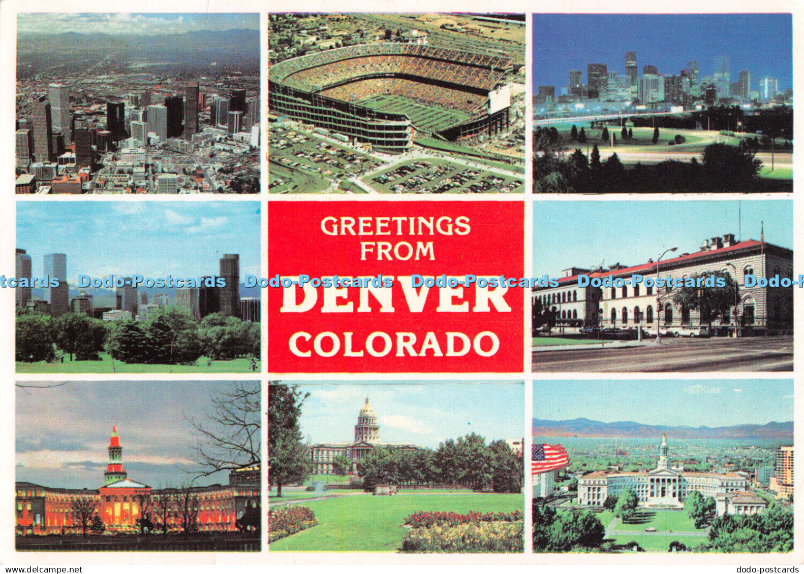 D066783 Greetings From Denver Colorado. Aerial of Denver. Mile High Stadium. Pla