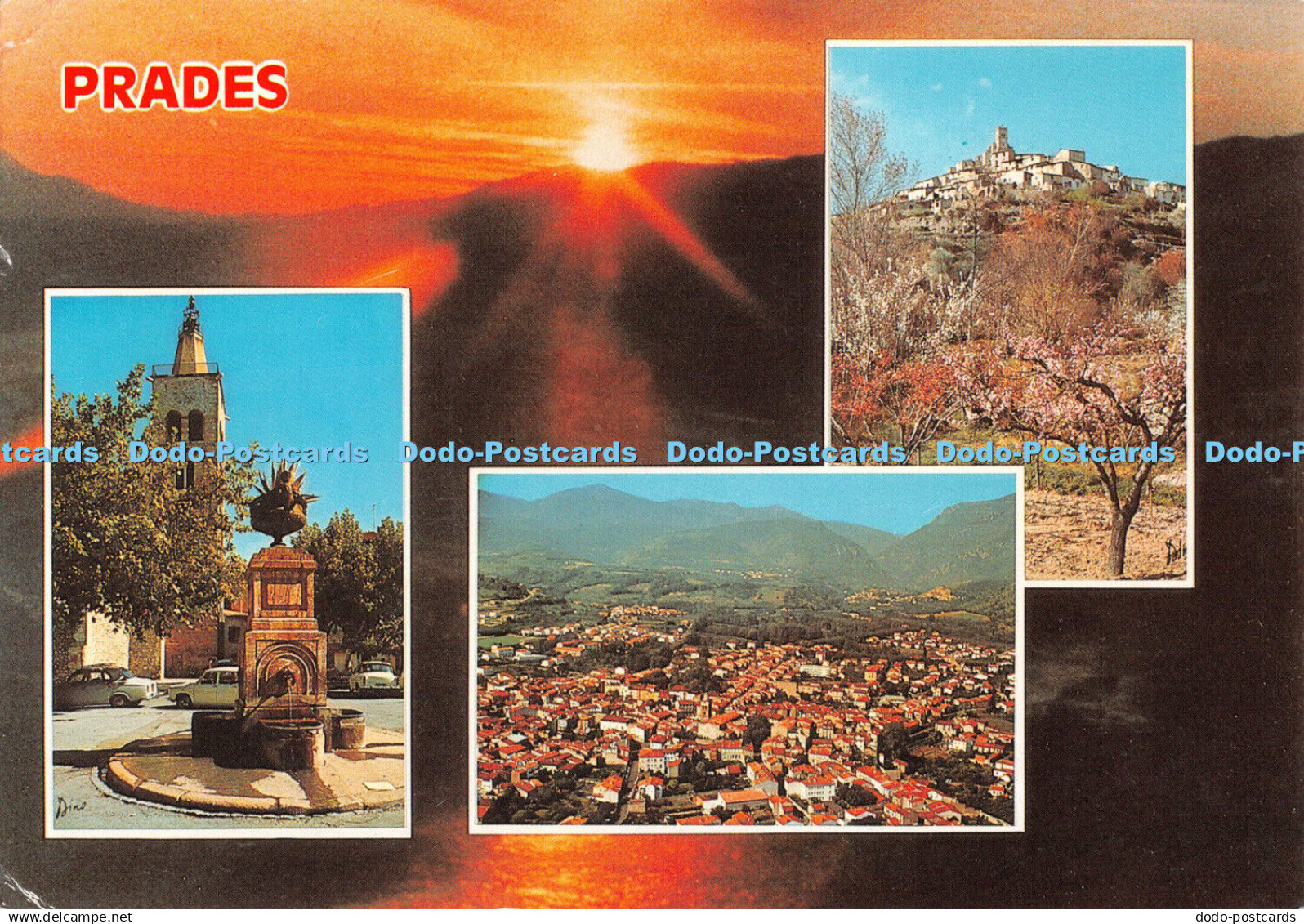 D089076 Prades. Le clocher et la fontaine. Vue aerienne de Prades. Vue generale