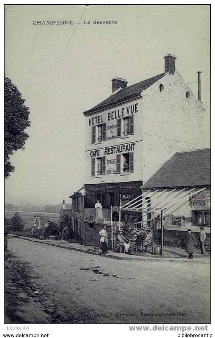 D95 CHAMPAGNE SUR OISE - LA DESCENTE - VUE ANIMEE de HOTEL BELLEVUE, CAFE RESTAURANT EPICERIE MERCERIE