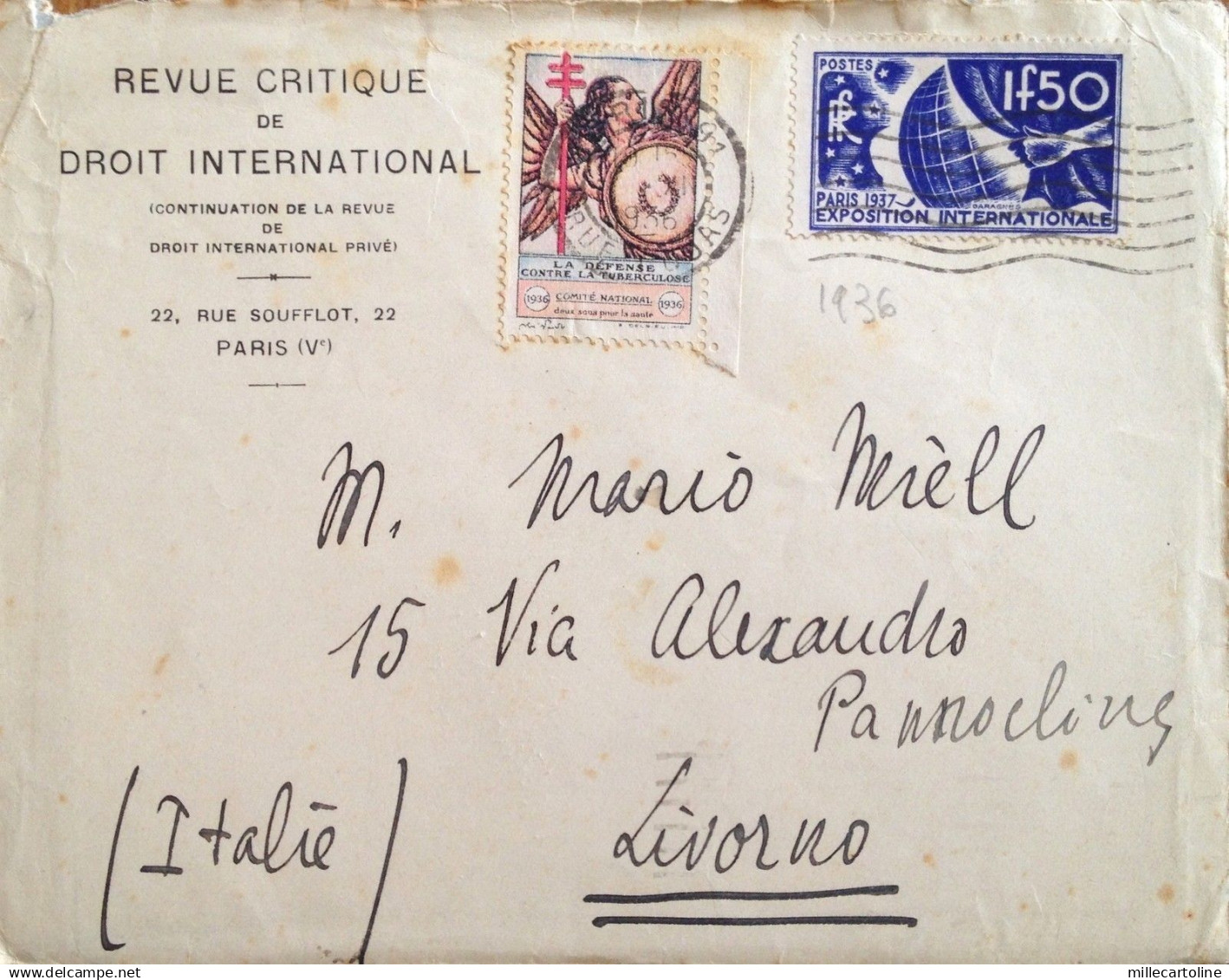 § DA PARIGI A LIVORNO 1936 CHIUDILETTERA "LA DEFENSE CONTRE LA TUBERCULOSE" TBC