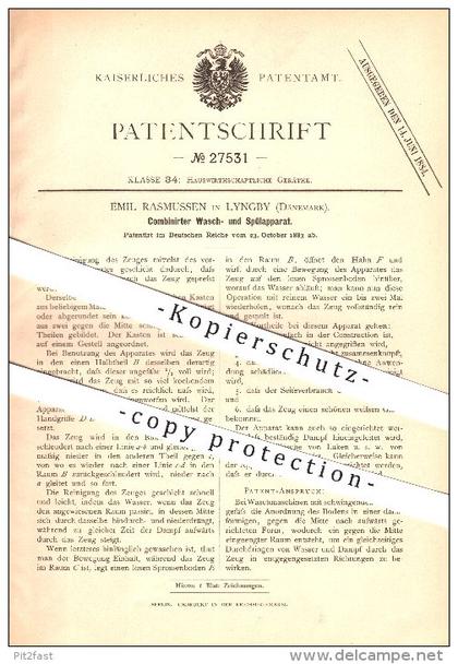 original Patent - Emil Rasmussen in Lyngby , Dänemark , 1883 , Kombinierter Wasch- und Spülapparat , Haushalt !!!