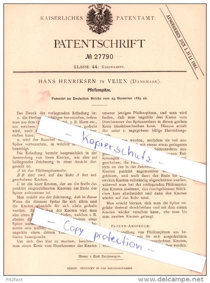 Original Patent - Hans Henriksen in Vejen /  Veien , Dänemark , 1883 , Pfeifenspitze !!!