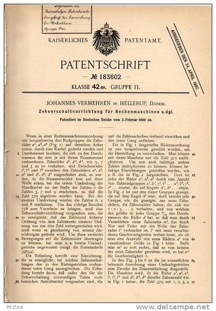 Original Patentschrift - J. Vermehren in Hellerup , Dänemark , 1906 , Rechenmaschine , Mathematik , Rechner !!!