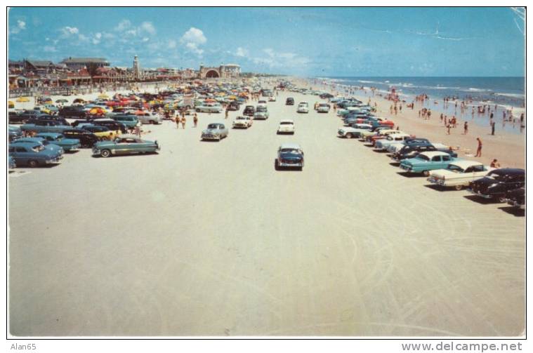 Daytona Beach FL Florida, Beach Scene with Autos c1950s Vintage Postcard