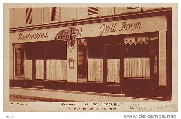 Dép 75 - Q874 - Paris - Arrondissement: 01 - Restaurant " Au bon accueil - 7 rue du 29 juillet - état