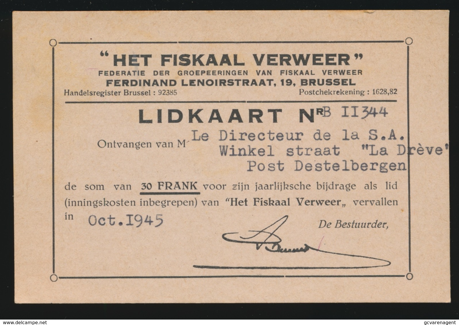 DESTELBERGEN LIDKAART ,, HET FISKAAL VERWEER ,,  1945