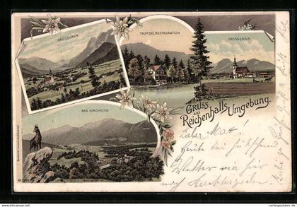 Lithographie Reichenhall, Thumsee & Restaurant, Grossgmain, Bad Kirchberg mit Gams