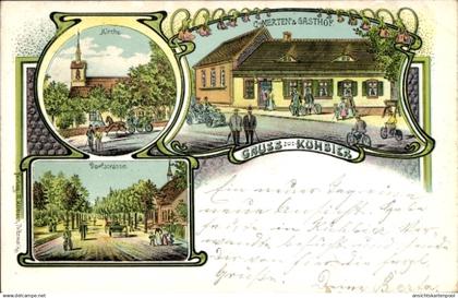 Lithographie Kuhbier Groß Pankow in der Prignitz, Kirche, Mertens Gasthof, Dorfstraße