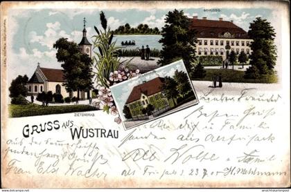 Lithographie Wustrau Altfriesack Fehrbellin in Brandenburg, Zietengrab, Kirche, Pfarrhaus, Schloss