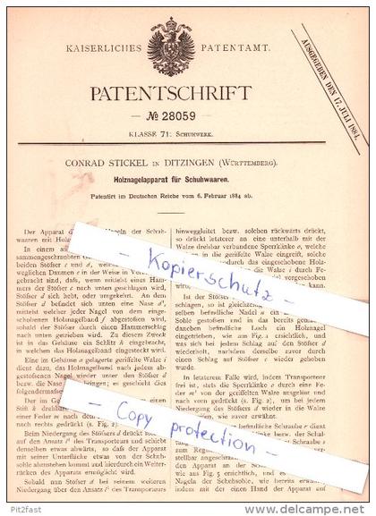 Original Patent - C. Stickel in Ditzingen , Württemberg , 1884 , Holznagelapparat für Schuhwaaren !!!