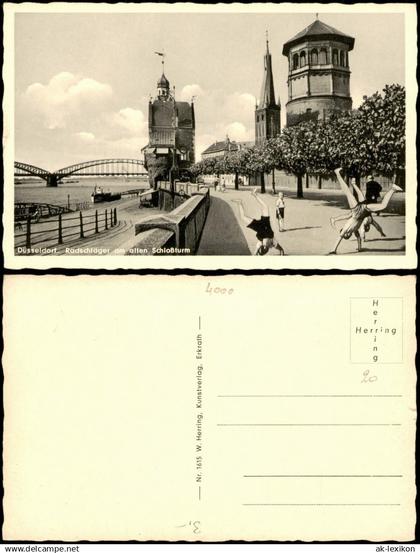 Ansichtskarte Düsseldorf Radschläger am alten Schloßturm Rheinpartie 1956