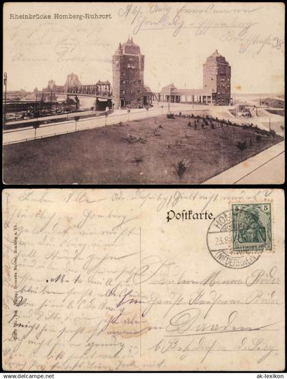 Ansichtskarte Homberg-Duisburg Rheinbrücke 1908  gel. Stempel Homberg