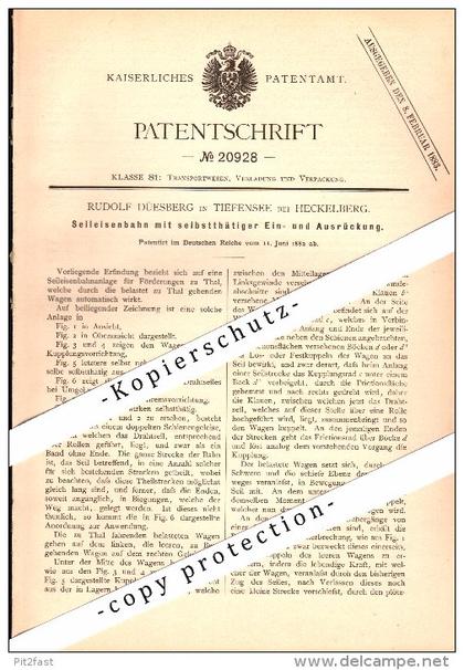 Original Patent - Rudolf Düesberg in Tiefensee b. Heckelberg , 1882 , Seil-Eisenbahn , Falkenberg , Werneuchen !!!