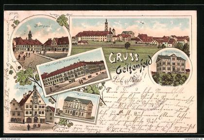 Lithographie Geisenfeld, Post und Gasthof Fuchsbüchler, Krankenhaus, Knabenschule, Marktplatz