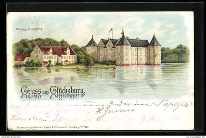 Lithographie Glücksburg, Blick auf Schloss Glücksburg