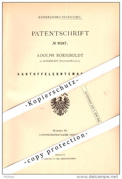 Original Patent - Adolph Bornholdt in Glückstadt , 1879 , Kartoffel-Erntemaschine , Landwirtschaft , Agrar !!!