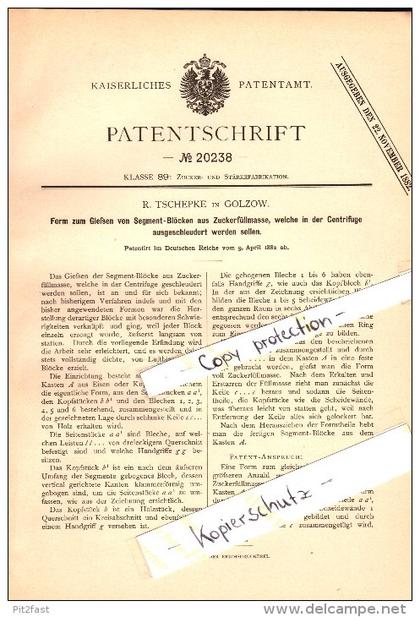 Original Patent - R. Tschepke in Golzow , 1882 , Segmentblöcke aus Zuckerfüllmasse , Oderbruch , Zuckerfabrik !!!