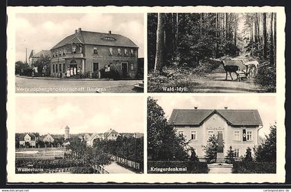 AK Gross-Dubrau, Verbrauchergenossenschaft Bautzen, Wasserturm, Kriegerdenkmal, Rehe