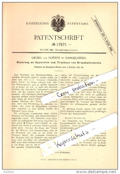 Original Patent - Georg von Goerne in Hangelsberg b. Grünheide , 1881 , Apparat zum Trocknen von Braunkohle !!!