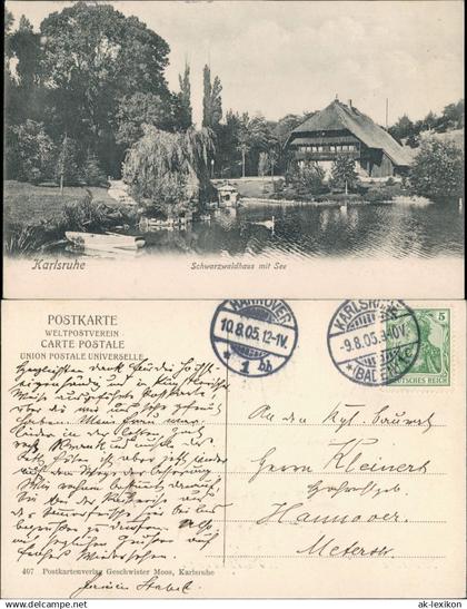 Karlsruhe Schwarzwaldhaus mit See 1905   gelaufen mit Stempel Karlsruhe