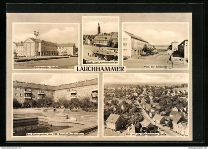 AK Lauchhammer, Blick auf den Markt und Autobahnhof, Partie am Kindergarten des VEB Braunkohlekombinat