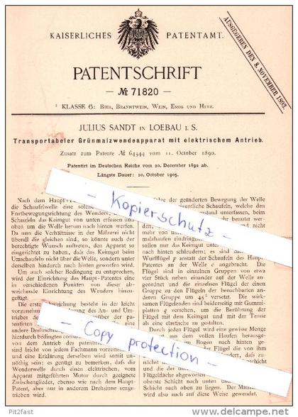 Original Patent - Julius Sandt in Loebau i. S. , 1892 , Grünmalzwendeapparat mit Antrieb , Löbau , Agrar !!!