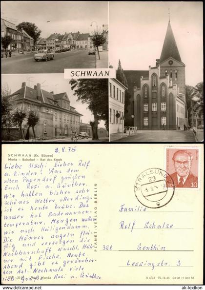 Ansichtskarte Schwaan (Mecklenburg) Markt, Bahnhof bei Bützow 1973