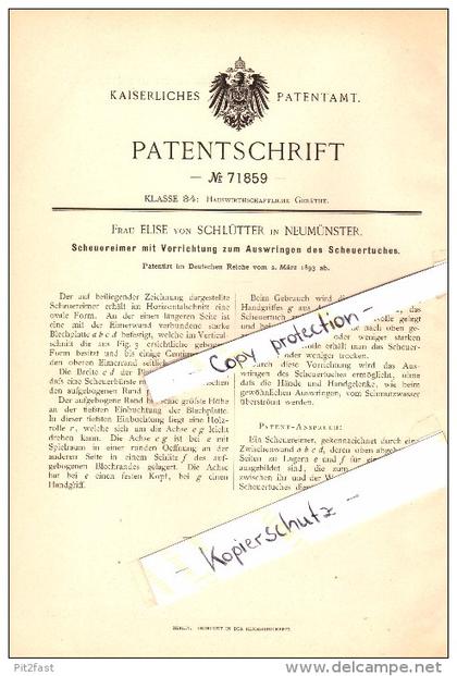 Original Patent - Elise von Schlütter in Neumünster , 1893 , Scheuereimer mit Auswringvorrichtung !!!