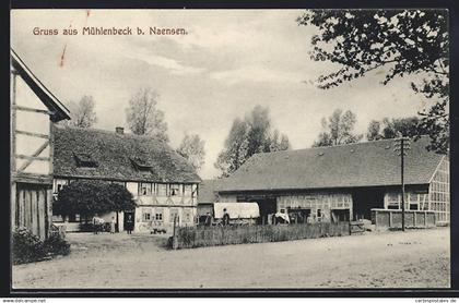 AK Mühlenbeck / Naense, Gutshof mit Leuten und Wagen