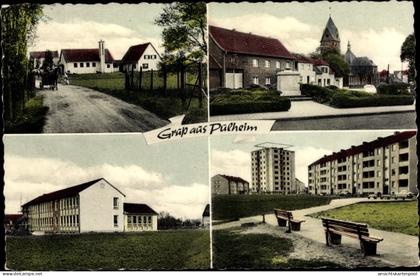 CPA Pulheim Nordrhein Westfalen, Teilansicht, Dorfpartie, Kirche, Schule, Hochhaus