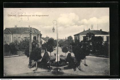 AK Ortrand, Bahnhofstrasse mit Kriegerdenkmal