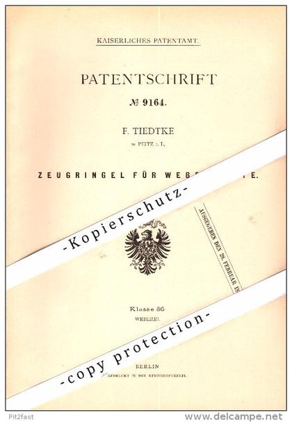 Original Patent - F. Tiedtke in Peitz i.L. , 1879 , Zeugringel für Webschäfte , Weberei , Webstuhl !!!