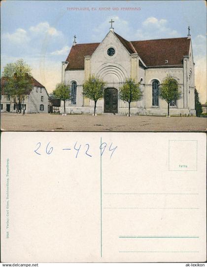 Tempelburg (Pommern) Czaplinek Ec. Kirche und Pfarrhaus, Pommern 1911