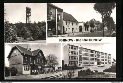 AK Rhinow, Fernseh-u. Richtturm, Ernst-Thälmann-Strasse, Bahnhof, Juri-Gagarin-Oberschule