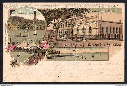 Lithographie Berlin-Gatow, Gasthaus zur Linde, Aussen- und Innenansicht, Blick nach Pichelsdorf