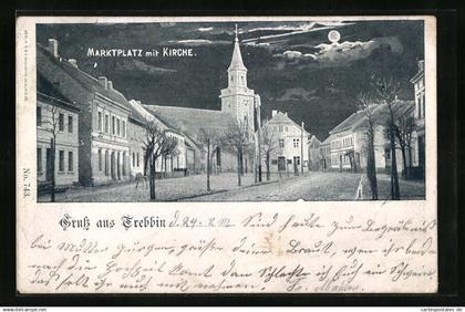 AK Trebbin, Marktplatz mit Kirche bei Mondschein