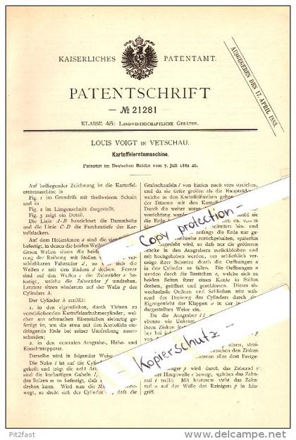 Original Patent - Louis Voigt in Vetschau / Spreewald , 1882 , Kartoffel-Erntemaschine , Landwirtschaft !!