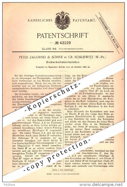 Original Patent - Peter Zagórski in Groß Schliewitz / Sliwice , 1887 , Korkenzieher , Westpreussen !!!