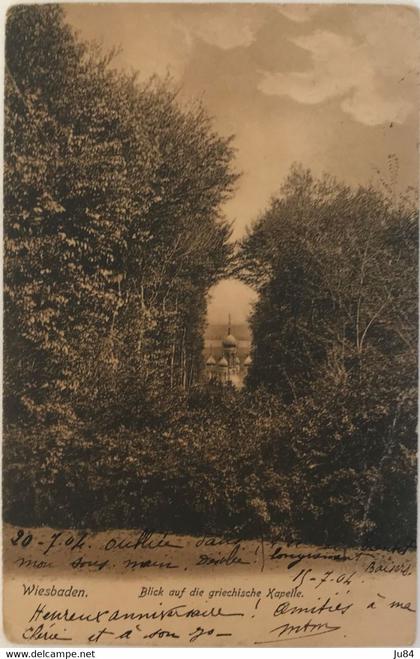 Allemagne - Hesse - Wiesbaden - Blick auf die griechische Xapelle - Carte postale pour Marseille (France) - juillet 1904